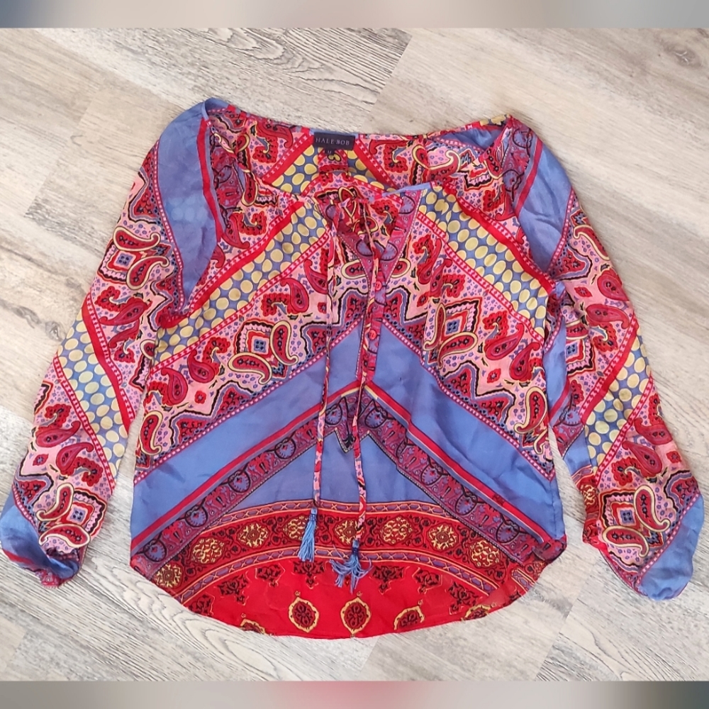 Hale Bob 100% Silk Paisley Lightweight Tunic Coverup Cabana Peasant Top Shirt